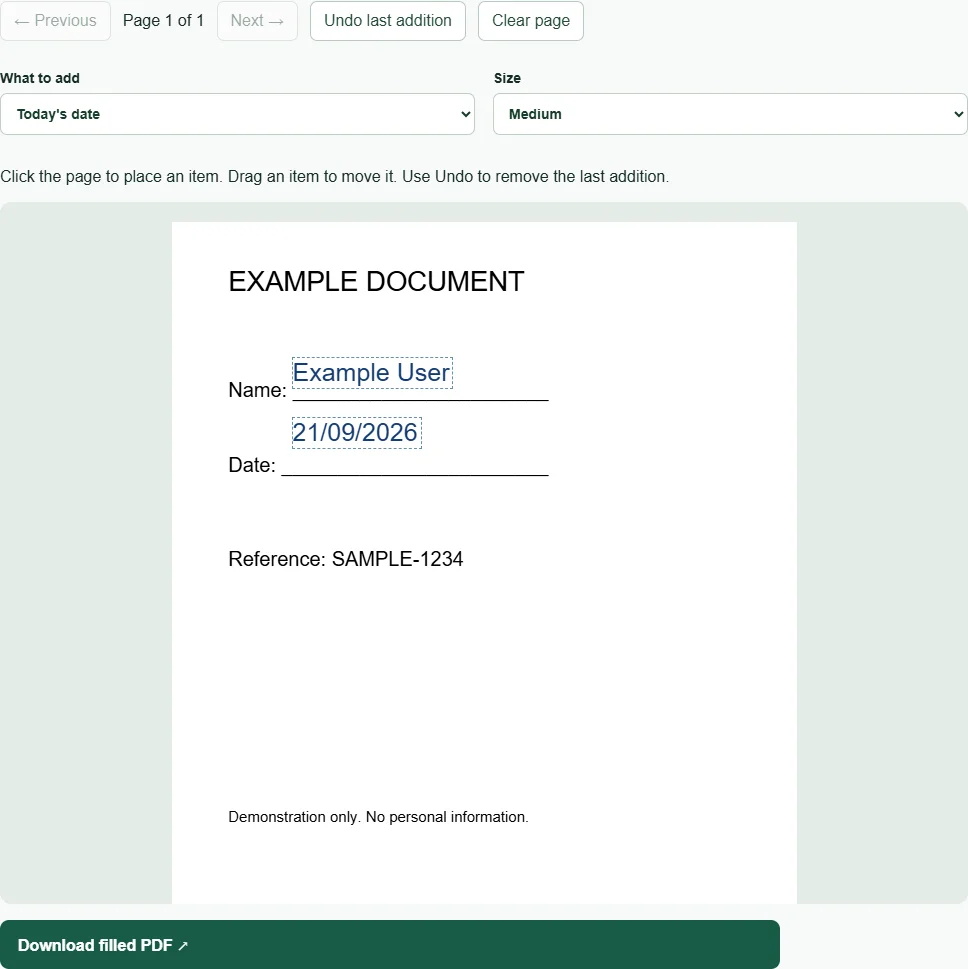Fill and Sign editor with sample text and a date positioned on a PDF page